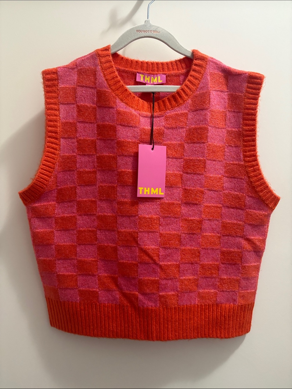 THML Red & Pink Checker Knit Sleeveless Sweater Vest